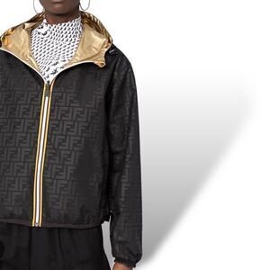 Fendi x K-Way Gold-Tone/Black Zucca Printed Reversible Nylon Windbreaker